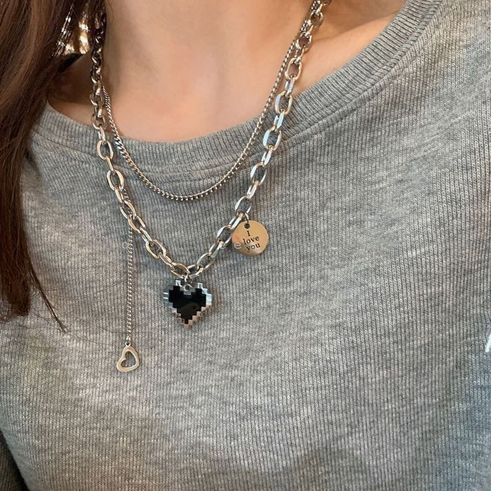 Black heart double layer chain-Necklace