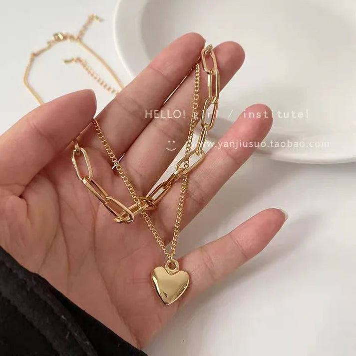 Double layer heart gold-Necklace