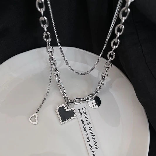 Black heart double layer chain-Necklace